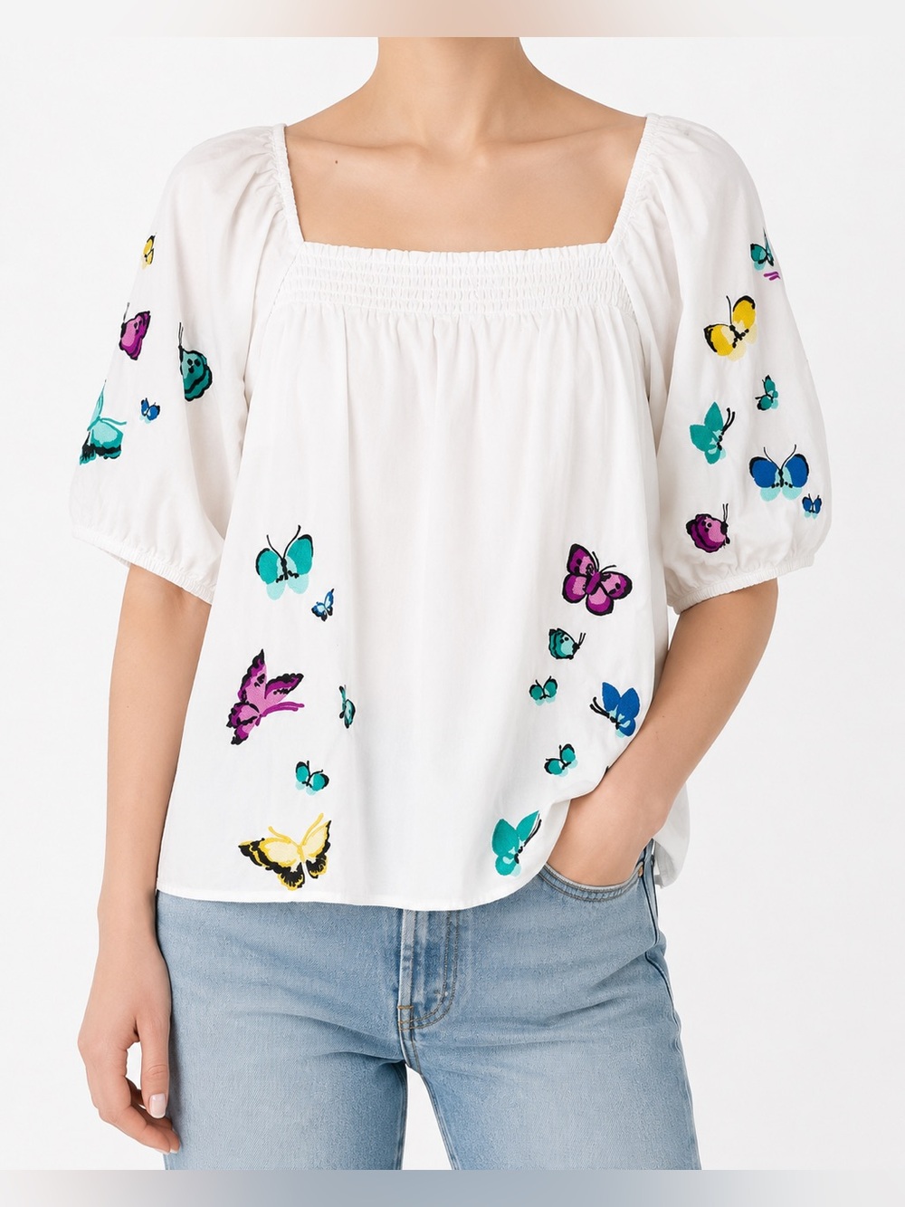 TALBOTS Butterfly Embroidery Prairie Top